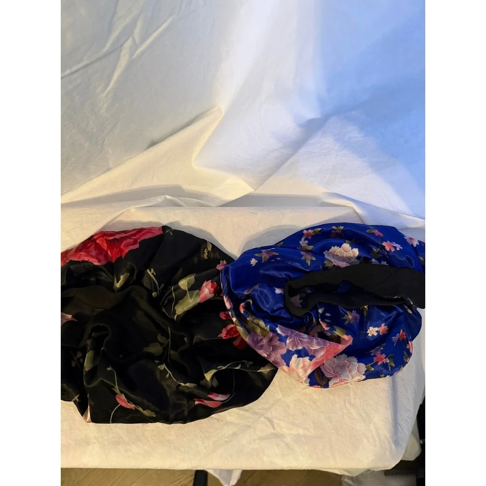 Set of 2 Floral Satin Hair Bonnets Black Red Rose‎ and Blue Blossom Sleep Cap